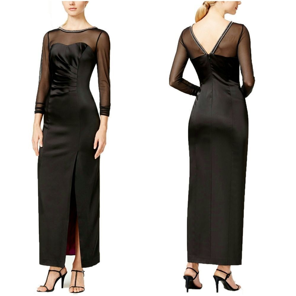 New! Tahari Asl Women's Embellished Illusion Neckline Satin Dress Size 2 Black